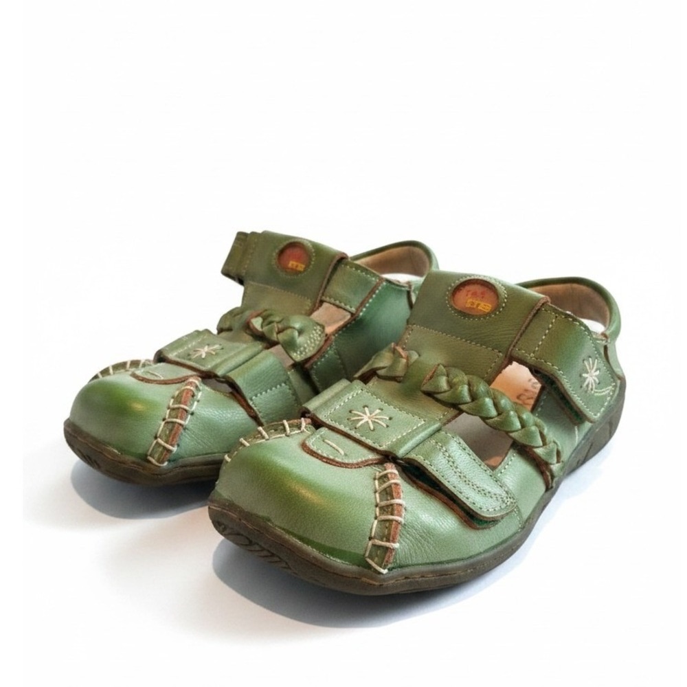 TMA EYES Leather Sandals 39 Green Braided Whipstitch Fisherman Boho Lagenlook